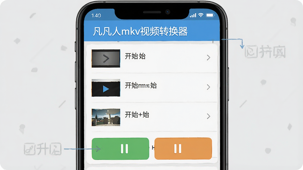 一张展示凡人mkv视频转换器在手机端操作界面的示意图,手机屏幕显示转换任务列表,有开始/暂停按钮,背景为浅灰色,软件名称“凡人mkv视频转换器”出现在手机屏幕顶部,画质清晰,无多余元素