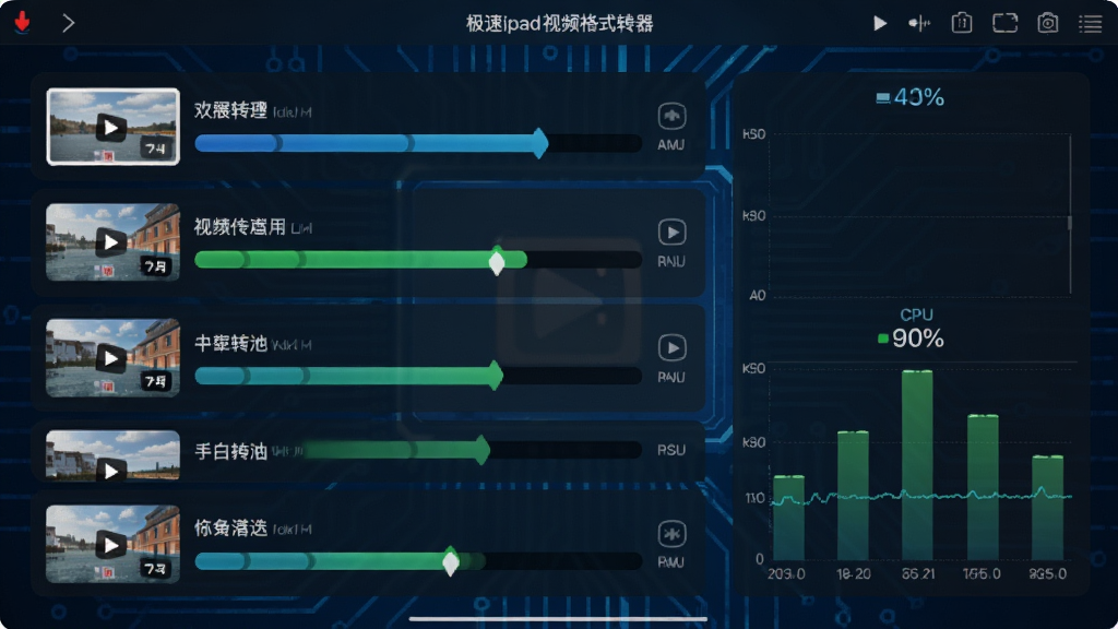 极速ipad视频格式转换器转换过程界面,显示多个视频文件正在并行转换,进度条快速推进,CPU占用率图表展示高性能状态,背景为深蓝色科技风格,界面干净,无多余元素