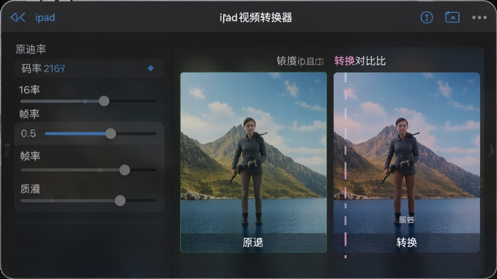 极速ipad视频格式转换器画质设置面板,展示分辨率、码率、帧率等调节选项,画质对比图清晰展示原片与转换后的差异,界面专业,风格简洁,无多余元素