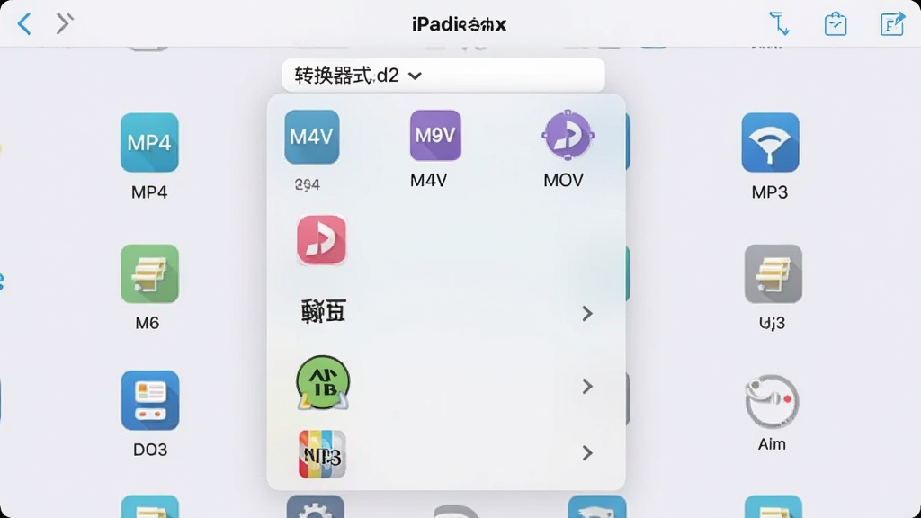极速ipad视频格式转换器格式选择界面,展示下拉菜单中丰富的输出格式列表,包括MP4、M4V、MOV、MP3等,界面简洁明亮,格式图标清晰,背景为浅灰色,干净整洁