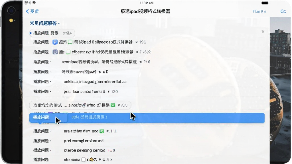 极速ipad视频格式转换器帮助界面,显示常见问题解答列表,鼠标指针指向“播放问题”分类,背景为白色,界面干净,无多余元素