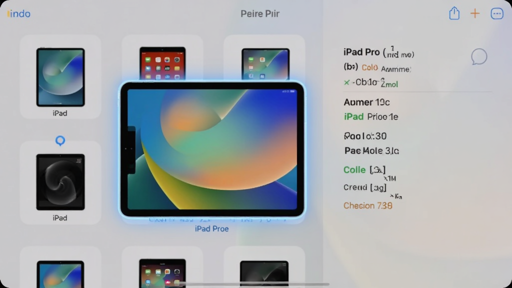 极速ipad视频格式转换器设备选择界面,显示多款iPad型号图标,选中iPad Pro时高亮显示,右侧显示推荐参数,界面友好,色彩柔和,干净无多余元素
