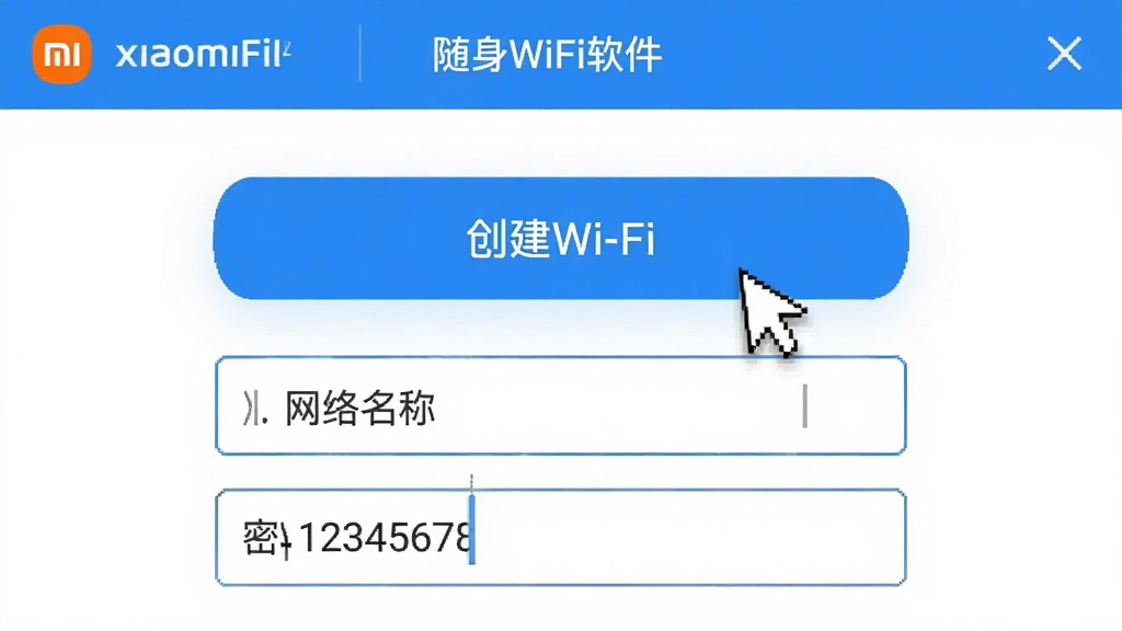 主体:小米随身WiFi软件主界面截图,显示“创建Wi-Fi”按钮。布局:界面居中,按钮高亮显示。排版:简洁的UI设计,按钮下方有网络名称和密码输入框。风格:扁平化、现代感,蓝白配色。细节:鼠标指针指向创建按钮,密码栏显示“12345678”。画质:清晰界面截图,干净无多余元素。