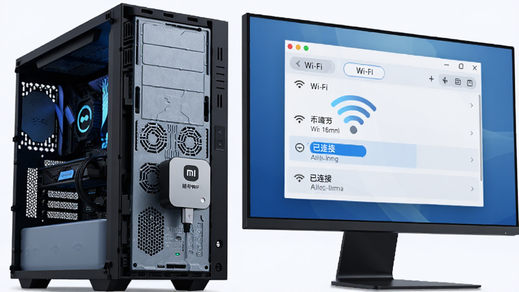 主体:台式机主机背面插着小米随身WiFi,显示器显示Wi-Fi列表。布局:主机在左侧,显示器在右侧,设备特写。排版:Wi-Fi列表窗口放大显示。风格:写实、科技感,蓝灰主色调。细节:Wi-Fi列表中有多个网络名称,其中一个显示“已连接”。画质:高清细节,干净无多余元素。