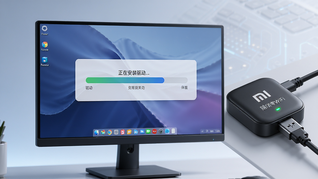主体:电脑屏幕显示驱动安装进度条,旁边小米随身WiFi设备插入USB接口。布局:屏幕在中央,设备在右侧特写。排版:进度条清晰可见,背景为系统桌面。风格:写实、科技感,光线柔和。细节:进度条显示“正在安装驱动...”,设备指示灯亮起。画质:高清细节,干净无多余元素。
