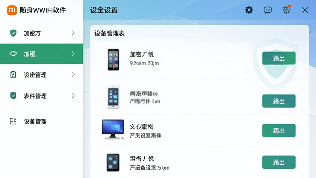 主体:小米随身WiFi软件的安全设置界面,显示加密方式和设备管理列表。布局:界面居中,左侧菜单栏。排版:加密方式选项高亮,设备列表清晰。风格:简洁、安全主题,绿色和蓝色点缀。细节:设备列表中有手机和电脑图标,旁边有“踢出”按钮。画质:清晰界面截图,干净无多余元素。