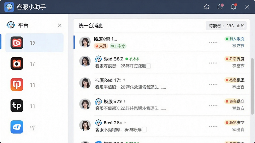 一张“客服小助手”功能界面截图预览图,主体为软件内多平台账号绑定管理页面,左侧栏展示不同平台图标,右侧为统一的消息会话列表,布局规整,排版清晰,风格简洁商务,细节突出消息状态标签,画质干净无多余元素
