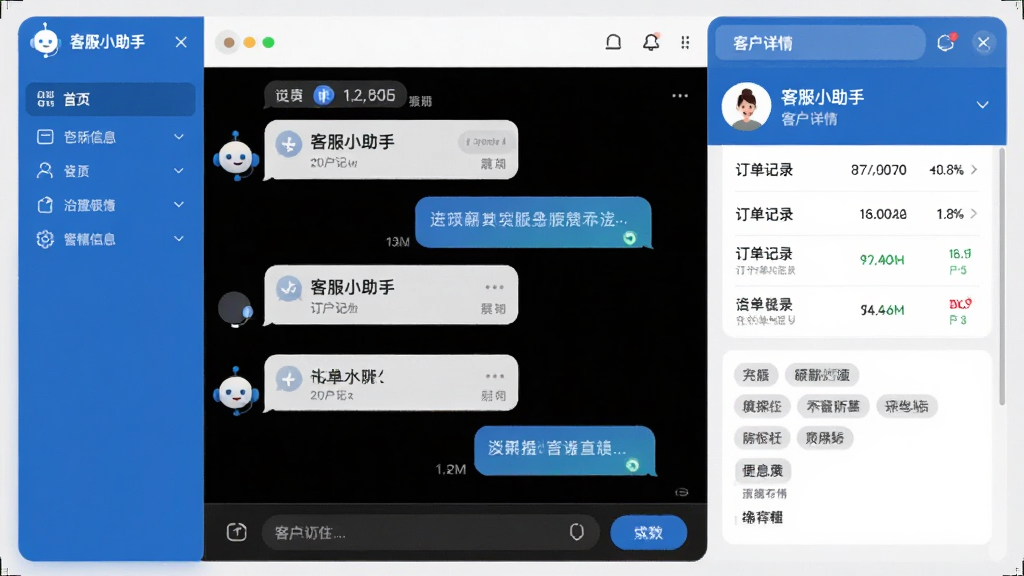 展示“客服小助手”客户信息侧边栏的截图预览图,主体为对话窗口与右侧客户详情卡片,卡片内包含订单记录和标签信息,布局左右对称,风格商务蓝白搭配,细节清晰,画质高清,无多余元素
