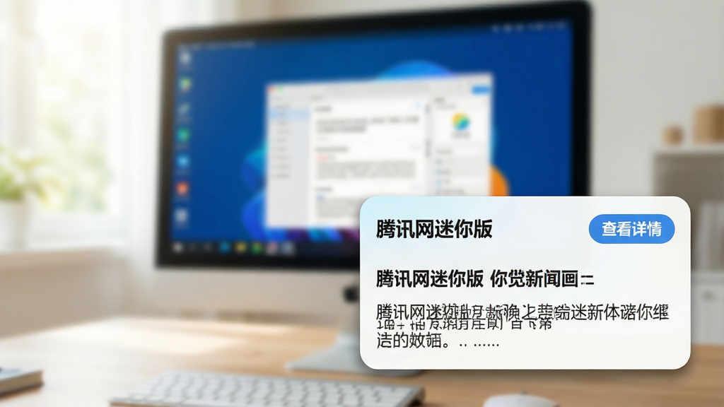 主体:电脑屏幕上弹出“腾讯网迷你版”的新闻推送通知。布局:通知位于屏幕右下角,背景为模糊的电脑桌面。排版:通知卡片上显示“腾讯网迷你版”推送的新闻标题和摘要,右上角有“查看详情”按钮。风格:拟物化与扁平化结合,卡片有轻微阴影,色彩明亮。细节:新闻摘要文字清晰,推送卡片边缘圆润,桌面背景有柔和的自然光。画质:高清、干净、无多余元素。