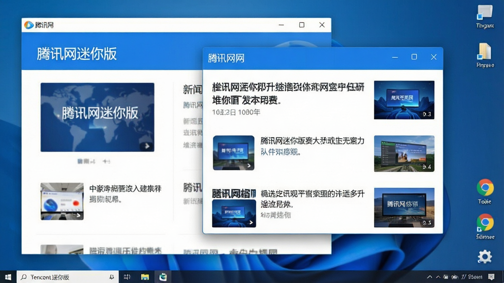 主体:一款名为“腾讯网迷你版”的软件界面悬浮在电脑屏幕右下角,界面简洁清晰。布局:画面左侧是软件主窗口,右侧是电脑桌面背景,主窗口位于视觉中心偏右。排版:主窗口展示了几条新闻标题和缩略图,顶部有“腾讯网迷你版”字样,整体排列整齐。风格:现代扁平化设计,色彩清新明快,主色调为蓝色和白色,符合腾讯品牌风格。细节:新闻标题清晰可读,缩略图精致,窗口边缘有柔和的阴影效果。画质:高清、干净、无多余元素。