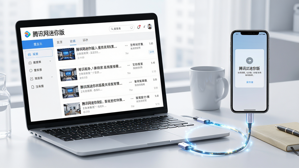 主体:一台笔记本电脑上显示“腾讯网迷你版”主界面,旁边有一个手机通过数据线连接电脑。布局:电脑屏幕位于左侧,手机位于右侧,背景为简洁的工作台。排版:电脑屏幕上清晰展示软件新闻列表,手机屏幕显示同步提示。风格:现代科技感,光线明亮柔和。细节:数据线连接处有闪光特效,桌面上有水杯和笔记本。画质:高清、干净、无多余元素。