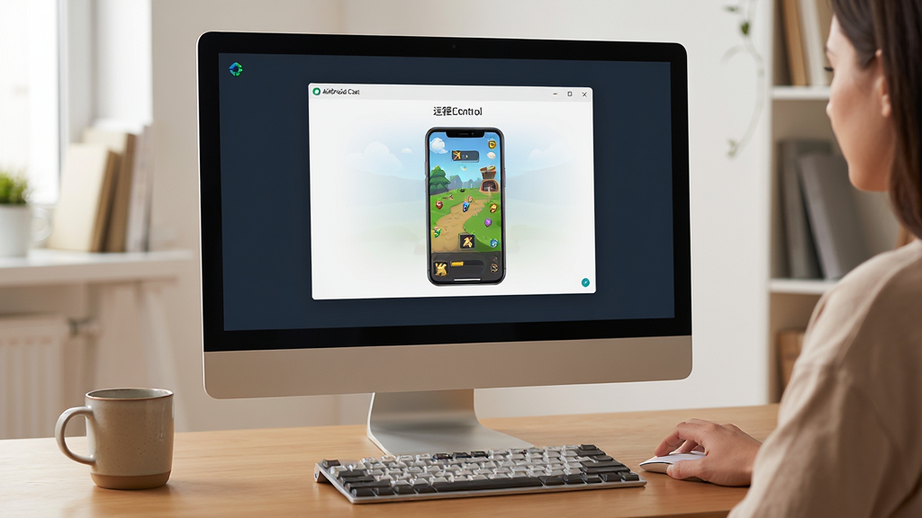 主体:用户正在使用AirDroid的“远程控制”功能,电脑屏幕显示手机画面,用户正在用鼠标操作。布局:电脑屏幕居中,周围有键盘和咖啡杯,背景为简约书房。排版:平视视角,画面清晰,突出操作流畅感。风格:写实生活化,色调温暖。细节:电脑屏幕上显示“AirDroid Cast”窗口,手机画面中有一款游戏界面。画质:高清,干净,无多余元素。