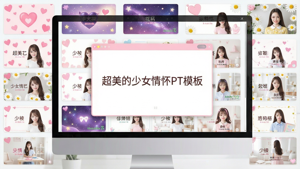 展示超美的少女情怀PPT模板的模板库界面,屏幕上整齐排列着多套不同风格的少女系PPT缩略图,有粉色爱心、紫色星空、白色雏菊等元素,界面简洁清新,主窗口中央显示