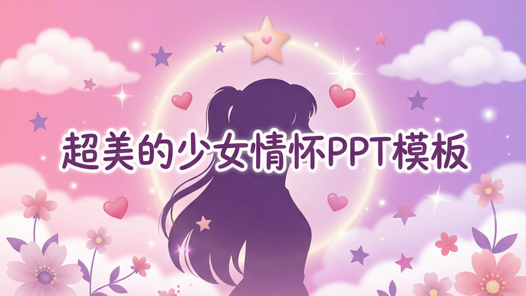 一幅精美的少女情怀PPT模板封面预览图,整体以粉紫色渐变为主色调,画面中央是一位长发少女的剪影,周围环绕着星星、爱心与花朵元素,背景为柔和的云朵与光晕,标题文字