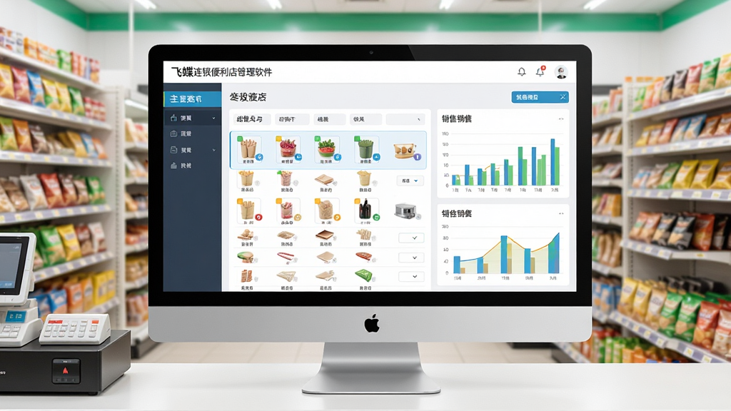 飞蝶连锁便利店管理软件主界面预览图,展示门店收银台、商品列表、销售图表布局,界面简洁现代,色彩明快,电脑屏幕居中,背景为便利店货架,画质清晰,干净无多余元素