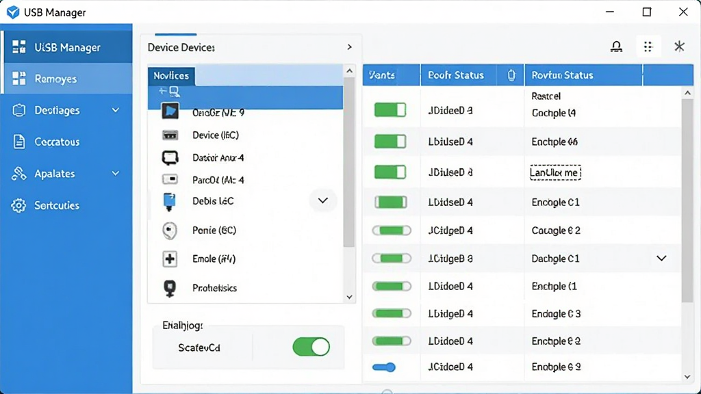 USB Manager软件主界面预览图,展示设备列表、端口状态、启用/禁用开关等核心模块,界面简洁清晰,采用蓝白配色,左侧为功能导航栏,右侧为详细设备信息表格,整体风格现代化,画质干净,无多余元素