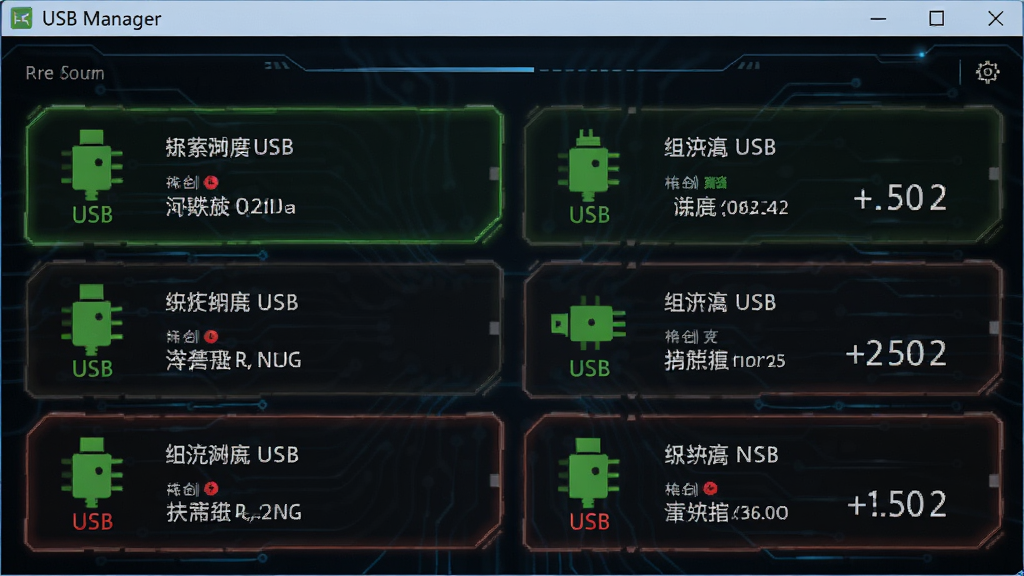 USB Manager软件实时监控功能界面,显示多个USB端口状态图标,绿色表示正常连接,红色表示异常,配有设备名称和传输速率数据,界面科技感强,数据清晰,画质干净,无多余元素