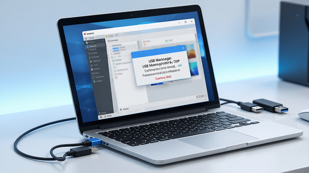 USB Manager软件使用场景示意图,显示一台笔记本电脑连接多个USB设备,软件界面弹出提示框,表示端口已禁用,整体画面干净明亮,技术感强,画质清晰,无多余元素
