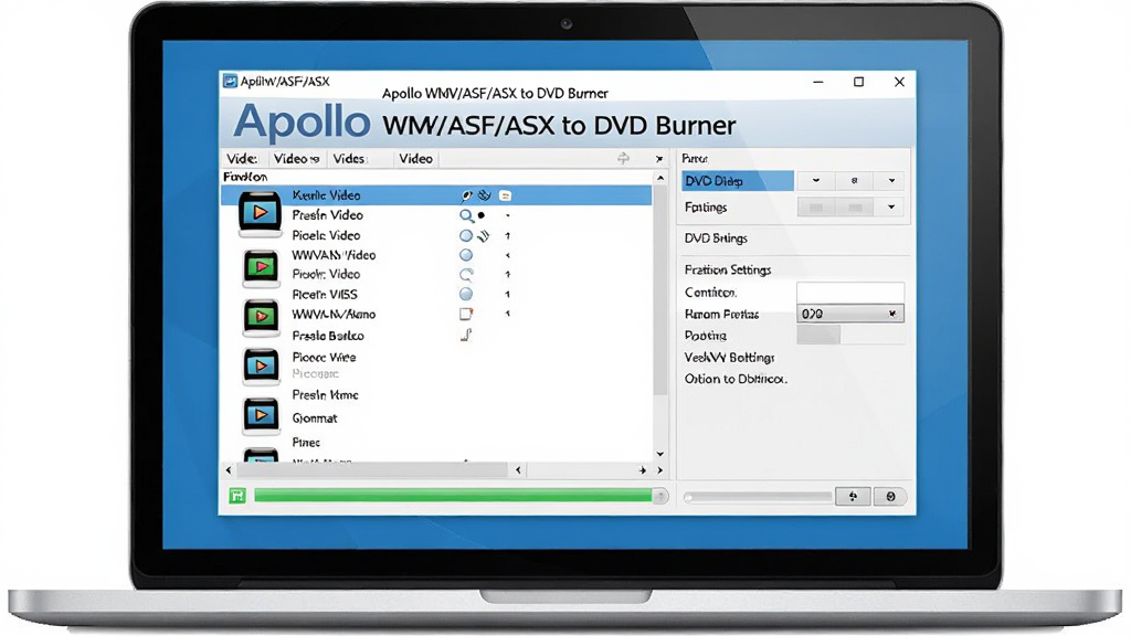 画面主体为一台笔记本电脑屏幕显示Apollo WMV/ASF/ASX to DVD Burner软件主界面,界面布局清晰,左侧为视频文件列表,右侧为刻录设置选项,底部有进度条。整体排版简洁明亮,风格为现代扁平化设计,细节包括软件名称“Apollo WMV/ASF/ASX to DVD Burner”字样,高分辨率,画质干净,无多余元素。