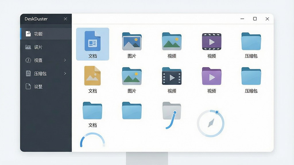 一幅现代简约风格的电脑桌面清理工具预览图,主体是软件DeskDuster的主界面,左侧为功能导航栏,右侧显示桌面文件自动分类为“文档”、“图片”、“视频”、“压缩包”等文件夹,桌面背景干净整洁,布局清晰,排版规整,风格扁平化设计,细节包括文件图标整齐排列、进度条动画,画质高清,干净,无多余元素