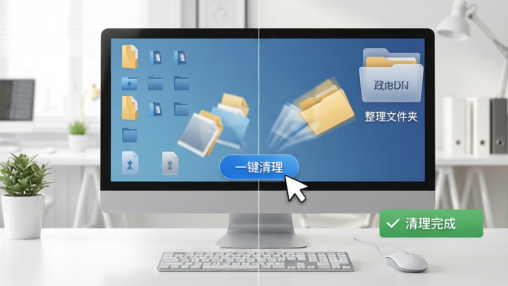DeskDuster一键清理功能示意图,主体是电脑桌面,鼠标点击“一键清理”按钮,瞬间桌面文件被整齐收纳到右上角的“整理文件夹”中,前后对比明显,背景为明亮的办公场景,布局简洁,排版对比强烈,风格写实,细节包括文件飞入动画和清理完成提示,画质高清晰,干净,无多余元素