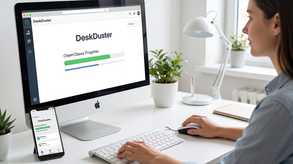 DeskDuster使用教程场景图,主体是用户正在电脑上操作DeskDuster软件,屏幕显示清理进度,旁边有手机显示移动端界面,背景为明亮的工作台,布局自然,排版合理,风格写实,细节包括鼠标点击和进度条,画质清晰,干净,无多余元素