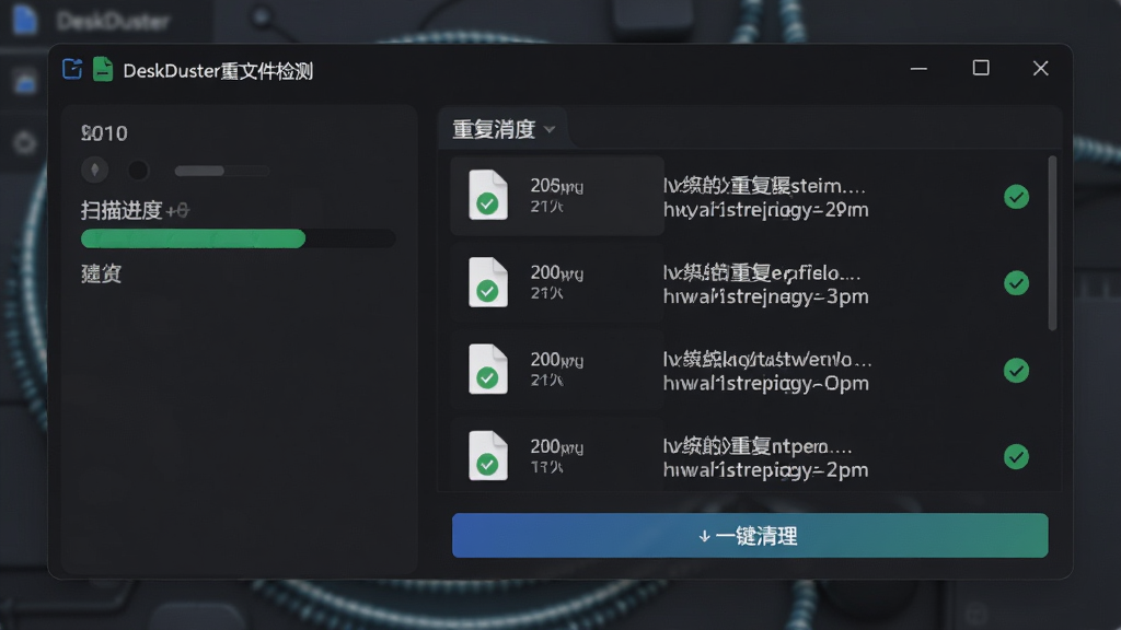 DeskDuster重复文件检测界面预览,主体是软件窗口,左侧显示扫描进度,右侧列出重复文件列表,每个文件带有大小和路径信息,底部有“一键清理”按钮,背景为深色界面,布局清晰,排版合理,风格科技感,细节包括文件图标和绿色勾选标记,画质高清,干净,无多余元素