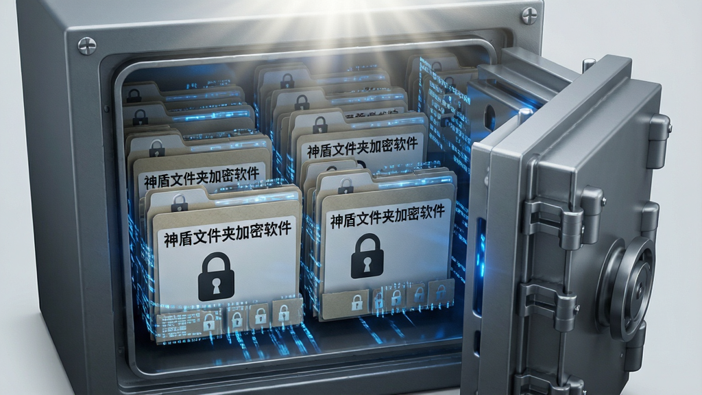 主体:一个打开的保险箱内部,里面存放着多个带有锁形图标的文件夹,每个文件夹上标有“神盾文件夹加密软件”字样;布局:保险箱位于画面中央,文件夹整齐排列,光线从上方洒落;排版:文件夹标签清晰可见,锁形图标突出;风格:写实、安全、稳重;细节:保险箱门半开,内部有蓝色科技光效,文件夹边缘有加密数据流;画质:高清,干净,无多余元素