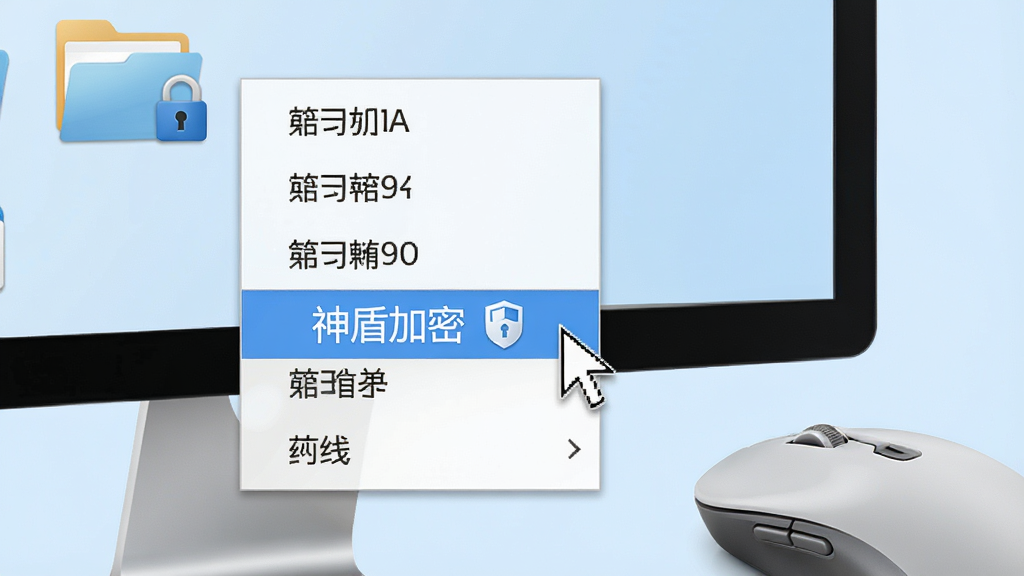 主体:一只鼠标正在点击电脑屏幕上的右键菜单,菜单中突出显示“神盾加密”选项;布局:鼠标位于画面右下角,电脑屏幕占据主要背景;排版:菜单列表清晰,鼠标指针指向加密选项;风格:简洁、直观、实用;细节:屏幕中文件夹图标带有锁,背景为淡蓝色;画质:高清,干净,无多余元素