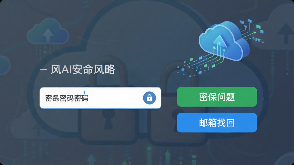 主体:一个带有密码输入框的界面,旁边有“密保问题”和“邮箱找回”两个选项,背景有云备份图标;布局:界面居中,元素排列有序;排版:文字清晰,按钮醒目;风格:安全、可靠、现代;细节:密码框内有小锁图标,云备份图标带有数据流特效;画质:高清,干净,无多余元素