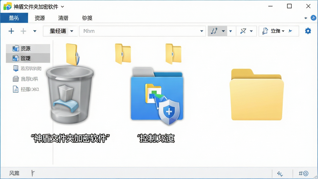 主体:电脑资源管理器界面,其中两个文件夹分别伪装成回收站和控制面板图标,旁边有一个正常文件夹对比;布局:界面居中展示,文件夹图标排列整齐;排版:对比明显,伪装图标与正常图标并排;风格:生动、形象、易懂;细节:伪装图标下方标注“神盾文件夹加密软件”,背景为白色;画质:高清,干净,无多余元素