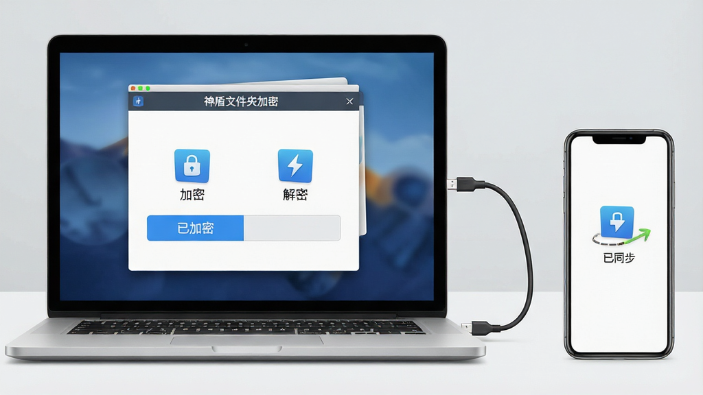 主体:一台笔记本电脑和一部手机并排放在桌上,屏幕上显示神盾文件夹加密软件的同步界面,有加密和解密两个选项;布局:电脑在左,手机在右,中间有数据线连接;排版:界面中图标清晰;风格:实用、简洁;细节:电脑屏幕显示“已加密”,手机显示“已同步”,背景为浅灰;画质:高清,干净,无多余元素
