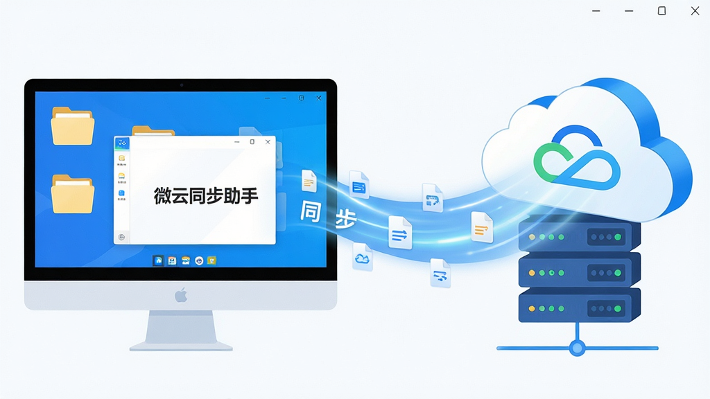 主体:微云同步助手软件界面与云端同步概念图。布局:左侧为电脑桌面文件夹图标,右侧为云端服务器,中间以流畅的光束连接,象征数据实时同步。排版:画面简洁,主次分明,突出“同步”核心。风格:现代扁平化设计,蓝色与白色为主色调,科技感强。细节:电脑屏幕显示“微云同步助手”字样,云端带有腾讯微云logo,光束上点缀小文件图标。画质:4K超清,干净,无多余元素。
