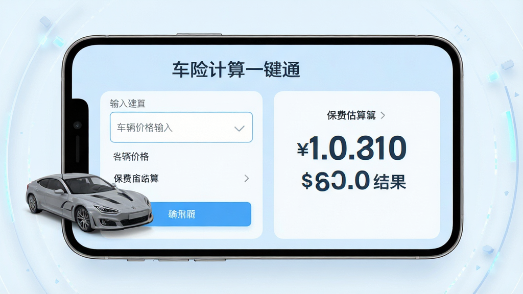 主体:手机屏幕显示车险计算一键通界面,上面有车辆价格输入框和保费估算结果。布局:手机居中,界面清晰,左侧为输入区,右侧为结果区。排版:界面简洁,数据展示用大号数字,背景为浅蓝色。风格:科技感与现代感结合,干净明亮。细节:屏幕中显示“车险计算一键通”字样,车辆模型在旁,保费数字突出。画质:高清,干净,无多余元素。