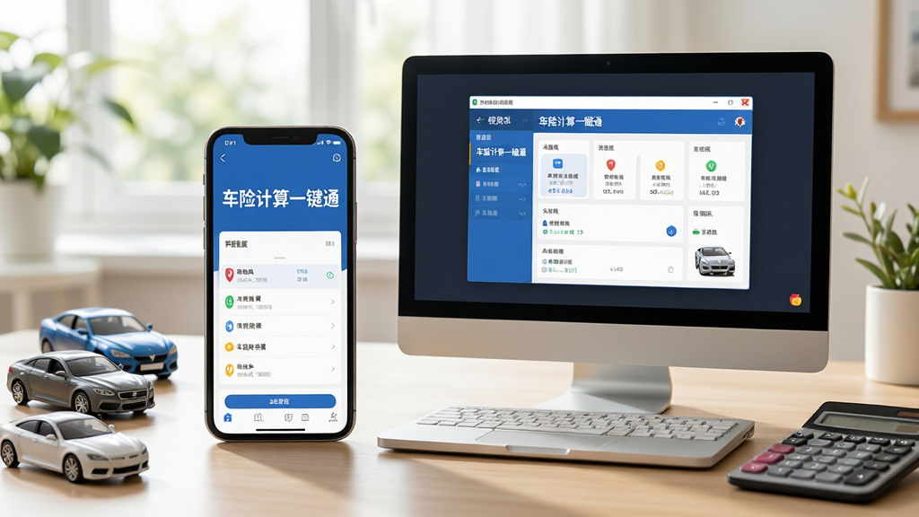 主体:手机与电脑并排展示车险计算一键通使用场景。布局:左侧手机显示软件主界面,右侧电脑显示模拟器窗口。排版:设备摆放整齐,周围有车辆模型和计算器。风格:生活化场景,自然光,清晰明亮。细节:屏幕上有“车险计算一键通”字样,模拟器窗口同样显示软件界面。画质:高清,干净,无多余元素。