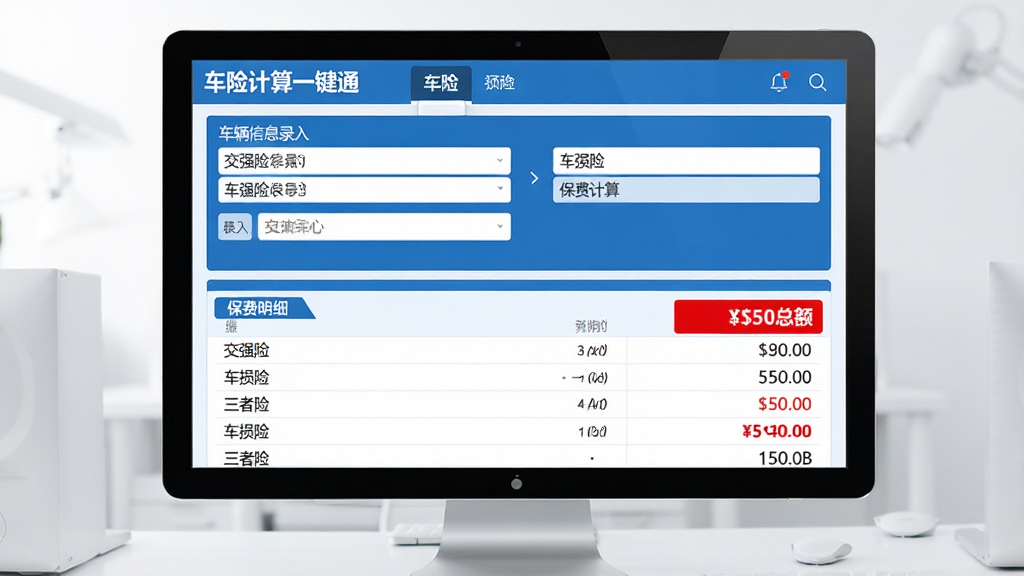 主体:车险计算一键通软件界面展示保费估算功能。布局:界面分为上下两部分,上部为车辆信息录入,下部为保费明细列表。排版:信息排列整齐,保费总额用红色突出。风格:商务简约风,蓝白配色。细节:屏幕上有“车险计算一键通”字样,计算结果包含交强险、车损险、三者险等条目。画质:高清,干净,无多余元素。