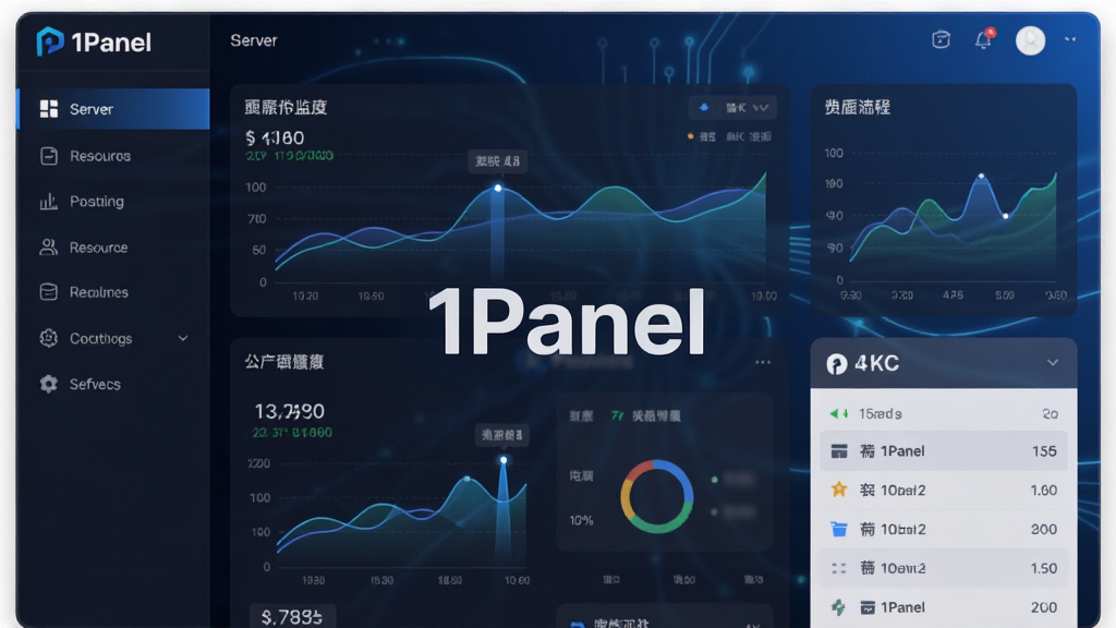 主体:1Panel运维面板主界面,展示服务器资源监控图表与网站列表。布局:左侧为功能导航栏,右侧为数据看板。排版:清晰的信息层级,卡片式数据展示。风格:现代科技感,深色与蓝色渐变为主。细节:屏幕中央显示“1Panel”品牌标识,图表线条流畅,数据实时跳动。画质:4K超清,干净,无多余元素。