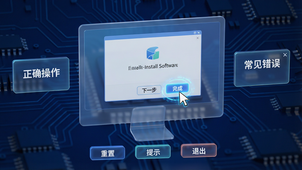 主体:一个半透明的电脑屏幕悬浮在画面中央,屏幕上正在模拟安装一款软件,有“下一步”和“完成”按钮。布局:屏幕左右两侧各有一个提示框,分别写着“正确操作”和“常见错误”。排版:屏幕下方有一排功能按钮,包括“重置”、“提示”、“退出”。风格:3D渲染风格,科技感强,背景为深蓝色电路板纹理。细节:鼠标光标悬停在“下一步”按钮上,周围有微光效果。画质:高清,干净,无多余元素。