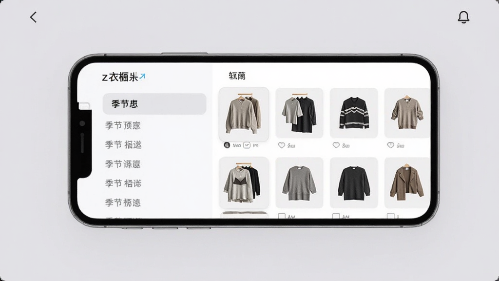 z衣橱软件主界面展示,手机屏幕中显示整齐的衣物分类列表,左侧是季节筛选栏,右侧是单品缩略图,背景为柔和浅灰色,现代简约风格,高清渲染,干净整洁,无多余元素