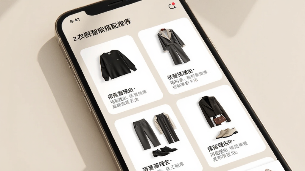z衣橱智能搭配推荐界面,手机屏幕展示多套穿搭方案卡片,每套服装由上衣、下装、鞋子组成,显示搭配理由,背景为浅米色,柔和光线,时尚杂志风格,高清渲染,干净无多余元素