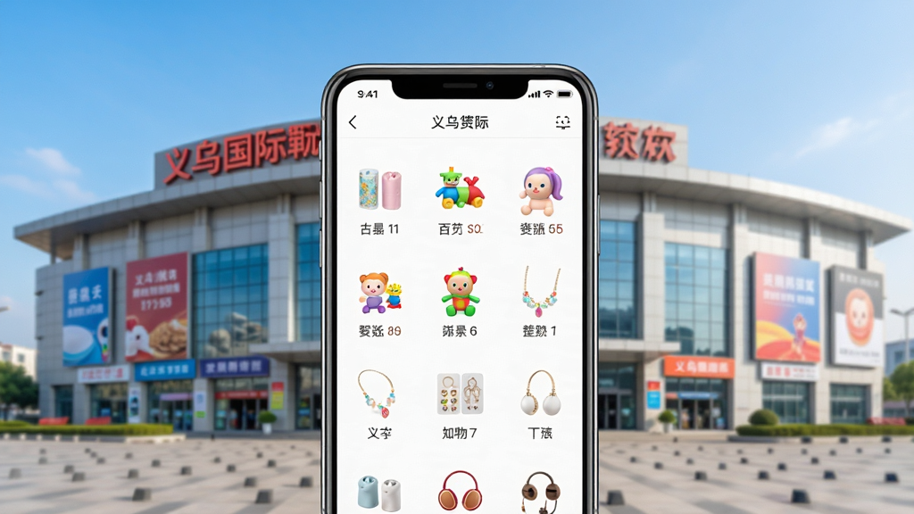 义乌商品批发货源购软件主视觉图,画面中央为智能手机屏幕展示APP首页,屏幕内展示各类小商品百货、玩具、饰品等分类图标,背景为义乌国际商贸城外观,整体风格明亮清晰,商业感强,布局居中,排版简洁,细节丰富,画质高清干净,无多余元素
