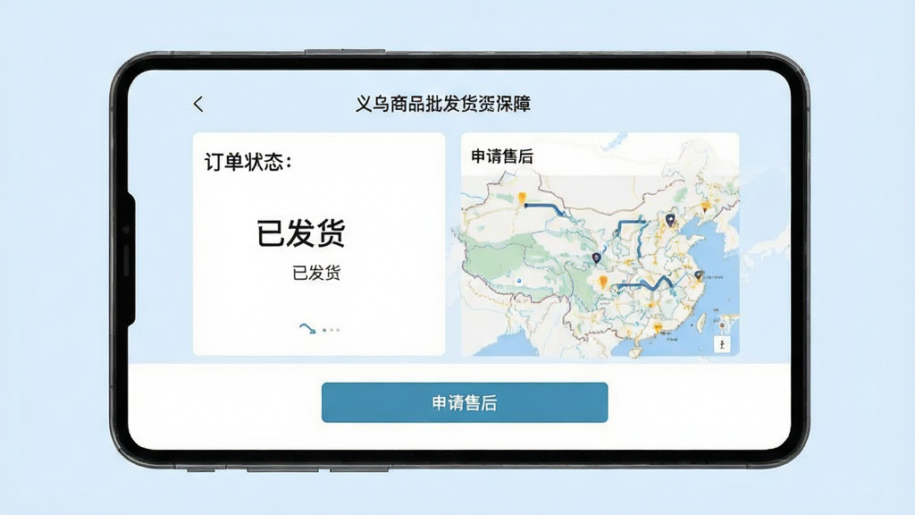 义乌商品批发货源购交易保障页面预览,屏幕展示订单状态“已发货”和物流轨迹地图,底部有“申请售后”按钮,背景为淡蓝色,风格简约,布局清晰,细节真实,画质干净,无多余元素