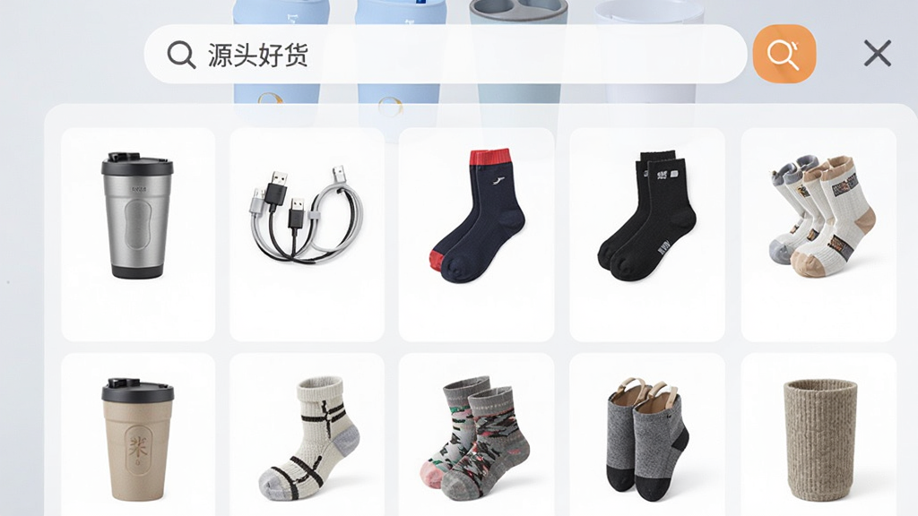 义乌商品批发货源购APP商品列表页预览图,屏幕显示多排商品缩略图,包括杯子、数据线、袜子等,顶部搜索栏有“源头好货”字样,背景为浅灰色渐变,整体布局规整,风格写实,细节锐利,画质干净,无多余元素