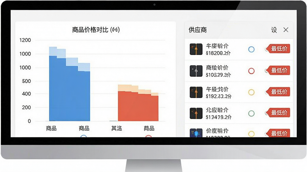 义乌商品批发货源购智能比价功能截图,屏幕左侧为商品价格对比条形图,右侧为供应商列表,标注“最低价”标签,背景为白色,整体风格扁平化,布局左右对称,细节清晰,画质干净,无多余元素
