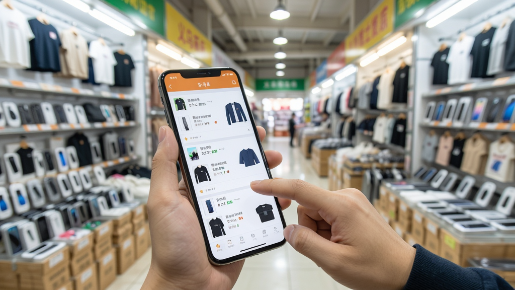 义乌商品批发货源购手机端使用场景图,用户手持手机浏览商品列表,手指点击屏幕,背景为亮堂的批发市场店铺,商品陈列整齐,整体风格写实,布局自然,细节丰富,画质高清,无多余元素