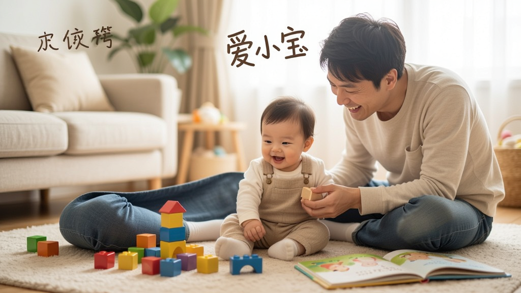 温馨的亲子场景,父母与宝宝在客厅地毯上玩耍,周围散落着彩色积木和绘本,画面明亮柔和,采用暖色调,突出家庭幸福感。布局上以人物为中心,父母笑容满面,宝宝活泼可爱,背景虚化。风格写实,细节丰富,画质高清,干净无多余元素。文字标注:“爱小宝”
