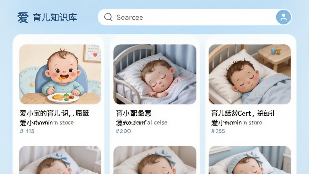 爱小宝的育儿知识库界面,展示多篇育儿文章列表,配有插图,如宝宝吃饭、睡觉等场景,顶部搜索框,整体风格清爽,浅蓝色调,画质高清,干净无多余元素。