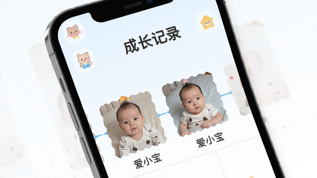 手机屏幕展示爱小宝的成长记录时间轴界面,包含宝宝不同时期的照片和标注,上方有“成长记录”字样,界面简洁清晰,浅色背景,图标可爱,风格扁平化,画质干净,无多余元素。