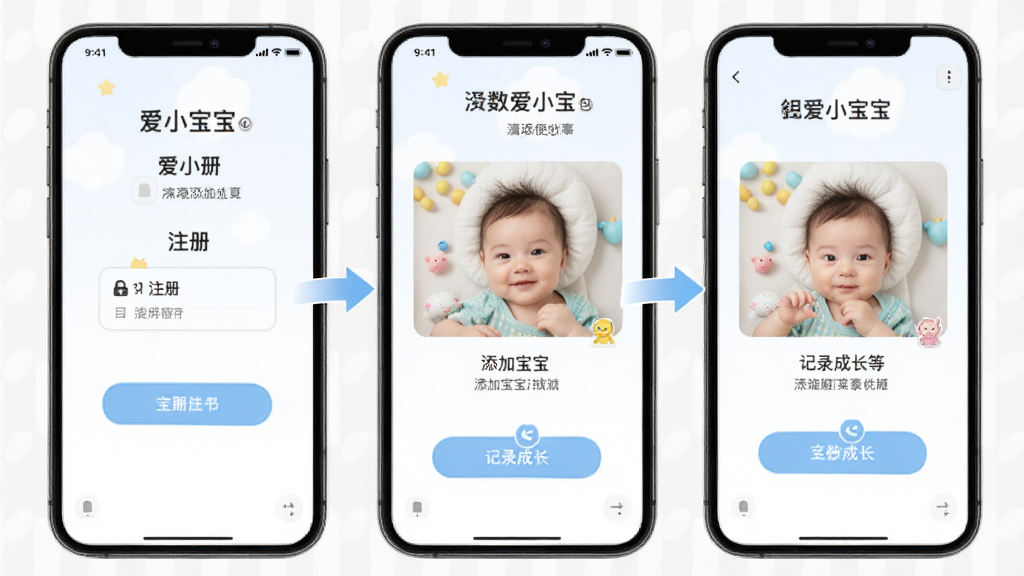 爱小宝的使用指南界面,展示手机截图步骤,包含注册、添加宝宝、记录成长等流程,画面简洁,浅色背景,有箭头标注,画质干净,无多余元素。