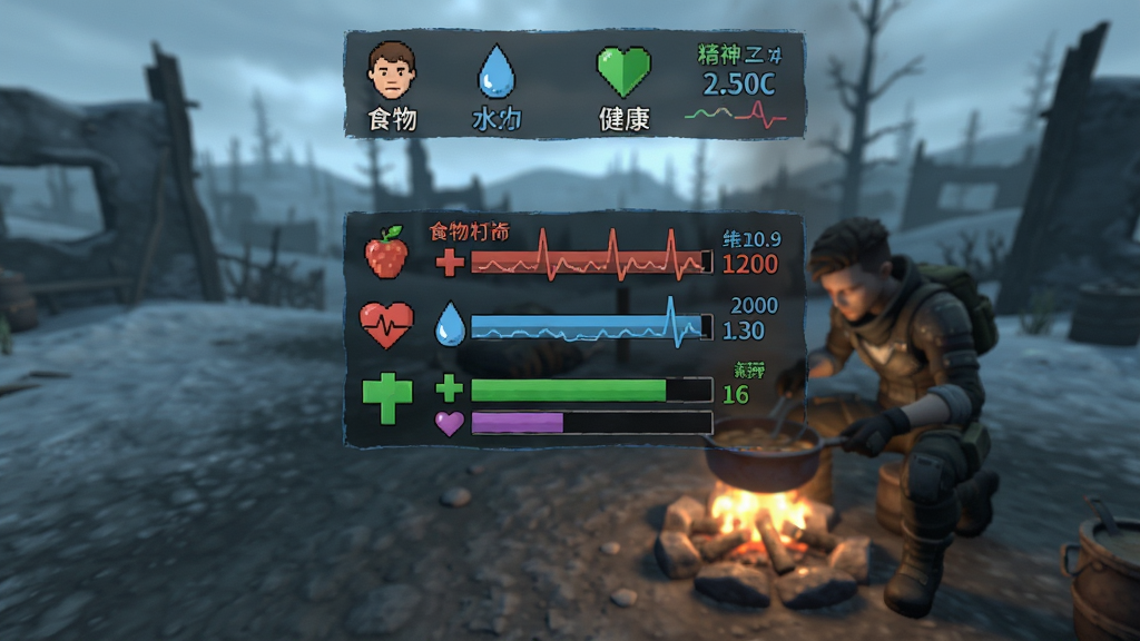 主体:游戏界面特写,显示角色的生命体征和状态栏,包括食物、水分、健康、精神等图标。布局:界面元素居中,背景为游戏内的废土场景。排版:UI风格简洁清晰,数据直观。风格:游戏UI截图风格,色调偏冷。细节:状态栏图标精细,数值有细微波动,背景中可见角色在火堆旁烹饪。画质:高清,UI清晰,干净,无多余元素。